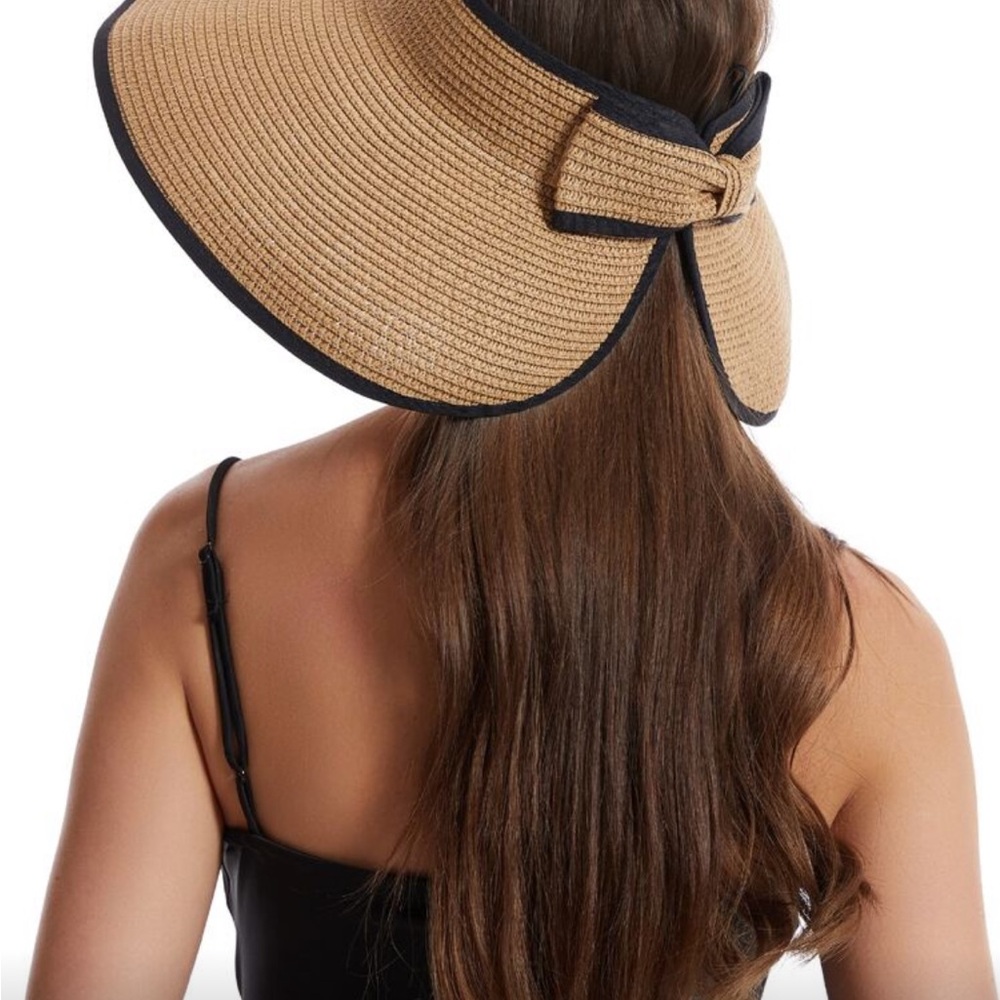 Womens Wide-Brim Straw Visor Hat with Black Trim